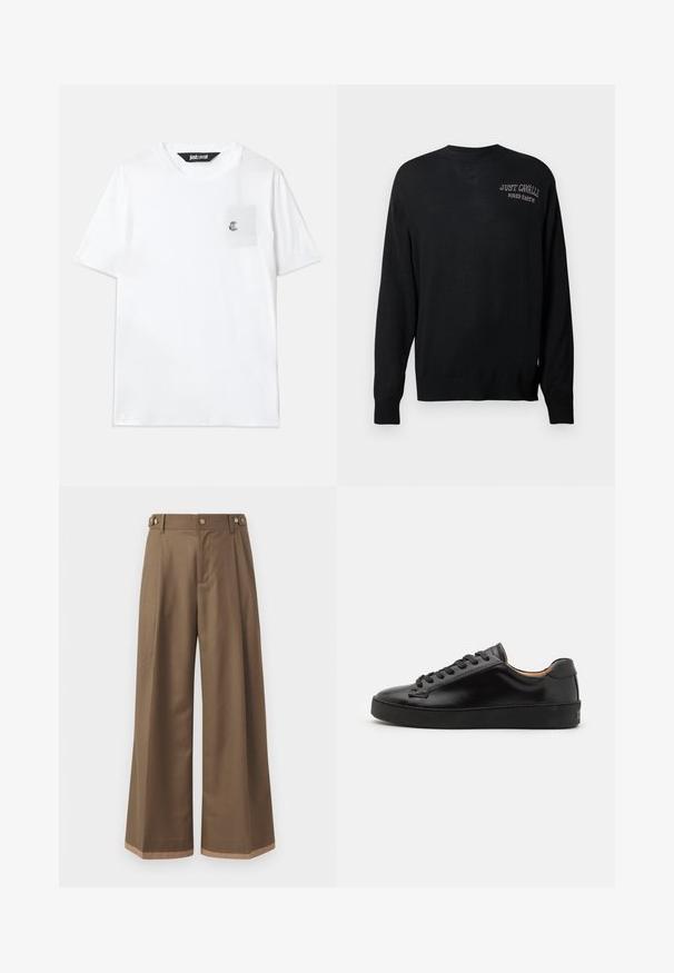 Black knitted sweater with long sleeves, crew neck, and ribbed cuffs. Features "JUST CAVALLI" and "FIRED EARTH" embroidered in white.; White cotton t-shirt with short sleeves, round neck, small chest pocket, and embroidered logo accent on the pocket.; Wide-leg trousers in a dark brown fabric, featuring two side pockets, two decorative front buttons, and a contrast hem detail.; Black leather sneaker with a smooth finish, round toe, and black laces. Features minimal branding on the heel and a rubber outsole.