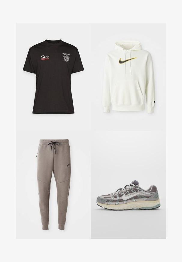 Bílá bavlněná mikina s kapucí, přední kapsou a černým a žlutým logem Nike. Má stahovací kapucu a žebrované manžety a dolní lem.; Černé bavlněné tričko s krátkým rukávem, které má bílé a červené nápisy a grafické logo na levé části hrudi. Kulatý výstřih.; Šedé Nike tepláky s elastickým pasem na šňůrku, zúženými nohavicemi, bočními kapsami a charakteristickým švem. Měkká, strukturovaná tkanina.; Šedá sportovní obuv s vrchní částí z mikrovlákna a semiše, bílými akcenty, polstrovanou podrážkou a jedinečným designem s reflexními prvky.