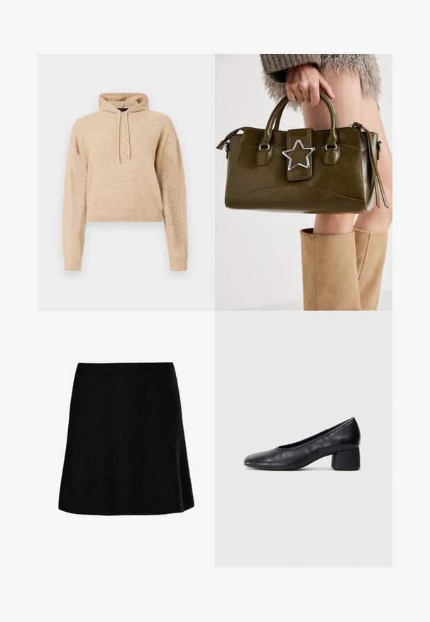 Beige kortärmad stickad huvtröja med långa ärmar och dragsko till huvan, visad på en vit bakgrund.; Svart A-linjeformad kjol med ett texturerat, mjukt tyg. Har en figursydd midjeresår och en utställd silhuett som ger en slät, avslappnad look.; Svart läderpumpsko med rund tå och medelhög blockklack. Slät textur med minimal detaljering, med en diskret elastisk öppning.; Olivgrön konstläderhandväska med silverstjärna som accent, dubbla handtag och dragkedjestängning. Texturerad yta och strukturerad form.