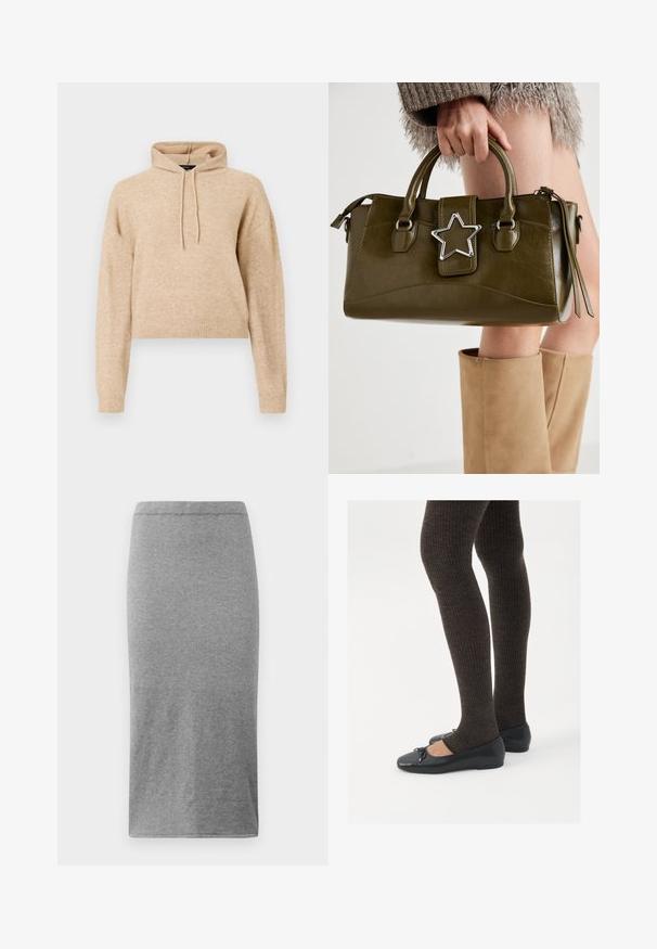 Beige verkürzter Strick-Hoodie mit langen Ärmeln und Kordelzugkapuze, auf einem weißen Hintergrund präsentiert.; Grauer, knielanger Rock aus weichem, elastischem Stoff. Besitzt ein schlichtes, figurnahes Design mit elastischem Bund und glatter Textur.; Schwarze flache Schuhe mit einem kleinen Schleifendetail an der Zehe, kombiniert mit dunkelbraunen gerippten Strumpfhosen. Die Schuhe haben eine glatte Textur und ein niedriges Profil.; Olivgrünes Kunstlederhandtasche mit silbernem Sternakzent, doppelten Griffen und einem Reißverschluss. Strukturierten Form und texturierten Oberfläche.