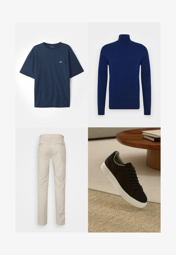 Tumši zilas krāsas augstais džemperis, kas izgatavots no gludas dzijas. Garas piedurknes un pieguļošs siluets ar ribota veida akcentiem apkaklē un apakšmalā.; Jūras spēku zilo kokvilnas T-kreklu ar īsām piedurknēm, apaļu kaklu un mazu balto logotipu kreisajā krūtī. Mīksta tekstūra un brīvs griezums.; Bežīgas bikses ar gludu tekstūru, taisnas kājas, divas aizmugurējās kabatas ar pogām un standarta jostas vietu.; Melni sporta apavi ar baltu zoli, kas peld virs bēša tekstūrēta paklāja netālu no apaļa koka galda ar sakrautiem grāmatām.