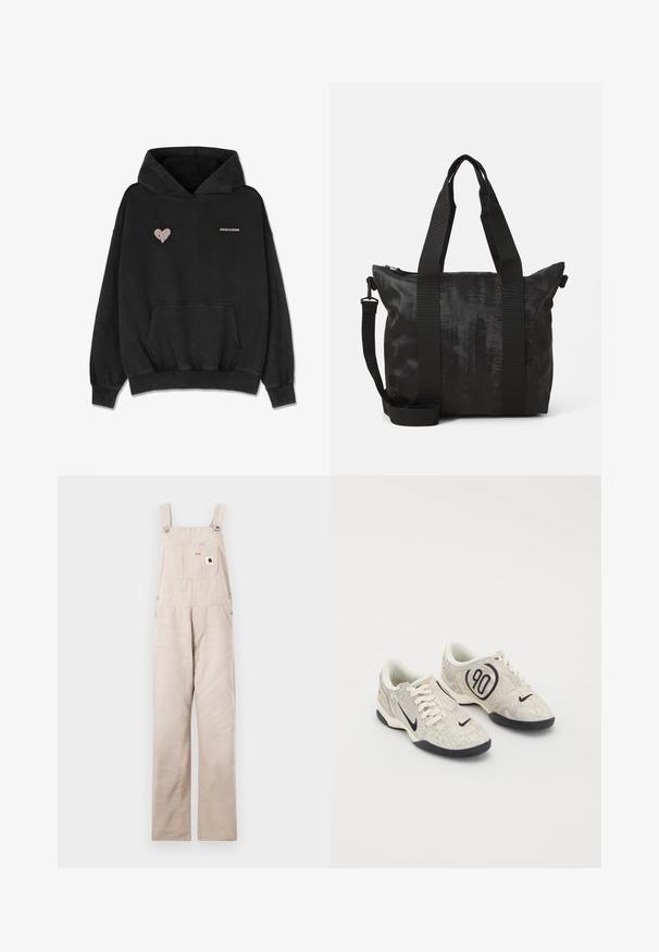 Melnā kapuci džemperis, kas izgatavots no mīksta auduma, ar priekšējo kabatu, ribinātiem piedurknēm un apakšmalu, kā arī sirds dizainu ar tekstu "PEGADOR" pelēkā krāsā.; Bēšas denima visārdas ar regulējamiem sprādzēm, priekšējo kabatu un logotipa etiķeti. Taisnas kājas dizains, gluda tekstūra un bez rotājumiem.; Nike sporta apavi ar bēšas un pelēkas teksturētas virsmas, melniem akcentiem, lielu "90" logotipu un baltu šņorēšanas aizdari. Melna zole.; Melnā soma ar teksturētu audumu, divām augšējām rokturiem un noņemamu plecu siksnu. Aprīkota ar ieslēdzamu aizdari drošai uzglabāšanai.