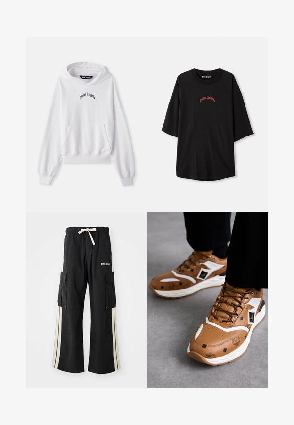 Hoodie blanc en coton avec une poche kangourou à l'avant, des poignets et un ourlet côtelés. Présente le logo noir "Palm Angels" brodé sur la poitrine.; T-shirt noir à manches courtes en coton. Présente un col rond et un logo "Palm Angels" rouge en design arqué sur le devant.; Pantalon cargo noir avec taille élastique et cordon de serrage, doté de rayures crème sur les côtés, de plusieurs poches et d'un logo sur le devant.; Baskets en cuir marron avec accents blancs, motifs texturés et détails en doré ; semelle blanche épaisse ; bout rond et design à lacets.