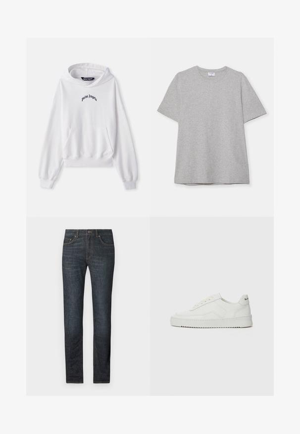 Biała bluza z kapturem wykonana z bawełny, z przednią kieszenią typu kangaroo, elastycznymi mankietami i dołem. Posiada czarne logo "Palm Angels" wyhaftowane na klatce piersiowej.; Szary krótki rękaw T-shirt wykonany z miękkiego, fakturowanego materiału. Posiada klasyczny okrągły dekolt i prosty dół, idealny do noszenia na co dzień.; Granatowe dżinsy o prostym kroju, z zapięciem na guzik i pięcioma kieszeniami. Tkanina charakteryzuje się gładką fakturą i subtelnymi detalami w przeszyciach.; Białe skórzane sneakersy o gładkim wykończeniu, okrągłym nosku, płaskich sznurówkach i teksturowanej podeszwie. Charakteryzują się delikatnym logo na pięcie.