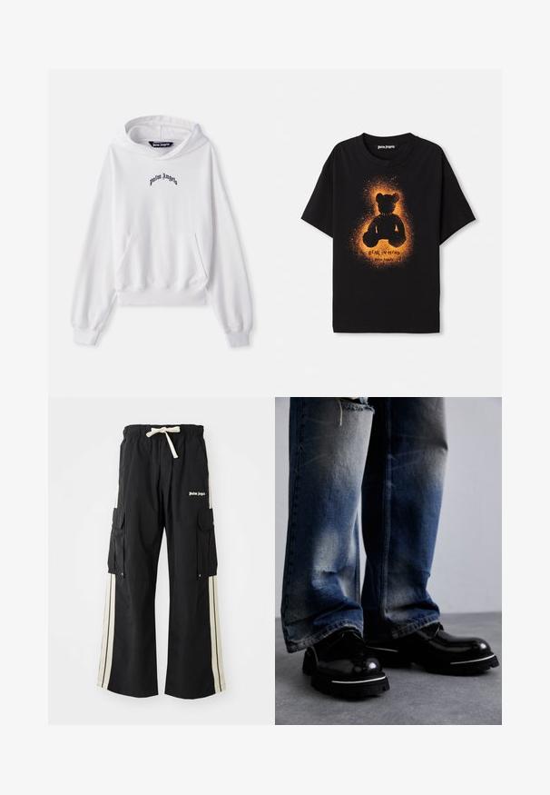 Valge puuvillane kapuutsiga dressipluus ees oleva kängurupocketiga, soonikkoes varrukate ja äärtega. Rinnal on must "Palm Angels" logo tikandina.; Must mustaari t-särk, millel on oranž karu siluett koos tekstuuriga halo efektiga. Ees on tekst "BEAR IN MIND."; Mustad mustar püksid elastse vöökoha ja nööriga, kreemivärvi külgedel, mitme taskuga ning logo detailiga ees.; Musta nahast kingad läikiva viimistlusega, paksu tallaga ja valge triibuga. Ühendatud kulunud siniste teksapükstega, mis näitavad kerget kahvatumist.