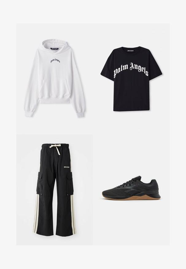 Biela mikina z bavlny s prednou kengurou vreckom, rebrovanými manžetami a lemom. Obsahuje čierne vyšívané logo "Palm Angels" na hrudi.; Čierne bavlnené tričko s krátkymi rukávmi a okrúhlym výstrihom, s bielym nápisom "palm angels" v zakrivenom, ozdobnom písmene na prednej strane.; Čierne cargo nohavice s elastickým pásom a šnúrkou, obsahujú krémové bočné pruhy, viaceré vrecká a logom na prednej strane.; Čierne športové topánky so štruktúrovaným sieťovaným zvrškom, gumovou podrážkou a charakteristickou gumovou vonkajšou podrážkou. Obsahujú šnurovací dizajn a jemné značkovanie.