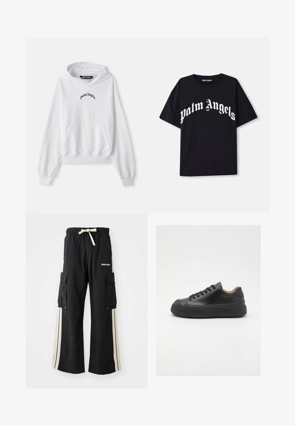 Bílá mikina s kapucí vyrobená z bavlny, s přední klokánkovou kapsou, žebrovanými manžetami a lemem. Na hrudi se vyjímá černé vyšívané logo "Palm Angels".; Černé bavlněné tričko s krátkými rukávy a kulatým výstřihem, na přední straně s bílým textem "Palm Angels" napsaným křivým, zdobeným písmem.; Černé cargo kalhoty s elastickým pasem a šňůrkou, obsahují krémové postranní pruhy, více kapes a detail loga na přední straně.; Černé kožené tenisky s kulatou špičkou, šněrováním v přední části, hladkým povrchem, silnou gumovou podrážkou a kontrastním tan interiérem.