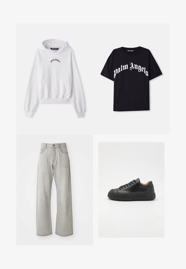 Bela kapuca iz bombaža s sprednjim žepom v obliki kenguruja, ribastimi manšeti in robom. Ima črn izvezen logo "Palm Angels" na prsih.; Črna bombažna majica s kratkimi rokavi in okroglim izrezom, ki na sprednji strani vsebuje belo besedilo "palm angels" v ukrivljenem, okrasnem fontu.; Svetlo sivi široki traper hlače, narejene iz denima. Imajo klasičen dizajn s petimi žepi, zaponko in subtilno zbledelost na tkanini.; Črne usnjene superge z okroglo konico, vezalnim sprednjim delom, gladko teksturo, debelim gumijastim podplatom in kontrastno rjavim notranjim delom.
