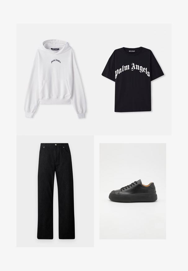 Witte hoodie van katoen met een vooraanstaande kangoeroezak, ribgebreide manchetten en onderkant. Bevat een zwart geborduurd 'Palm Angels' logo op de borst.; Zwarte katoenen t-shirt met korte mouwen en een ronde hals, voorzien van witte "palm angels" tekst in een gebogen, sierlijk lettertype over de voorkant.; Zwarte broek met een gestructureerd slangenhuidpatroon, met een rechte pijp, twee voorzakken en een metalen knoopsluiting.; Zwarte leren sneaker met een ronde neus, vetersluiting aan de voorkant, een gladde textuur, dikke rubberen zool en contrasterende tan interieur.