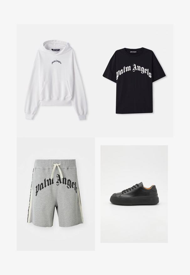 Bela kapuca iz bombaža s sprednjim žepom v obliki kenguruja, ribastimi manšeti in robom. Ima črn izvezen logo "Palm Angels" na prsih.; Črna bombažna majica s kratkimi rokavi in okroglim izrezom, ki na sprednji strani vsebuje belo besedilo "palm angels" v ukrivljenem, okrasnem fontu.; Svetlo sivi casual šorts s kremastim vrvco, črnimi in kremastimi stranskimi črtami ter velikim črnim napisom "palm angels" spredaj.; Črne usnjene superge z okroglo konico, vezalnim sprednjim delom, gladko teksturo, debelim gumijastim podplatom in kontrastno rjavim notranjim delom.