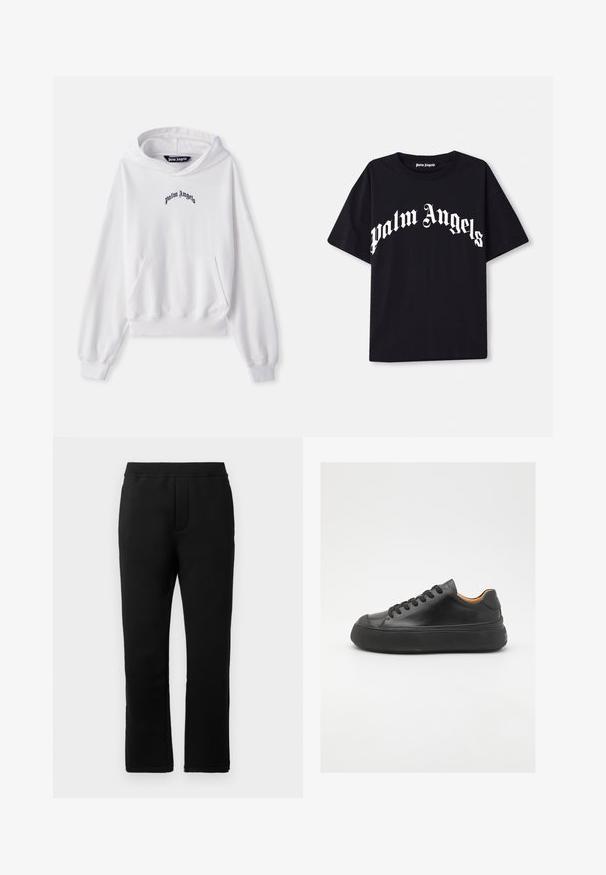 White hoodie made of cotton with a front kangaroo pocket, ribbed cuffs, and hem. Features black "Palm Angels" logo embroidered on the chest.; Black cotton t-shirt with short sleeves and a crew neckline, featuring white “palm angels” text in a curved, ornate font across the front.; Black sweatpants with a smooth texture, elastic waistband, and two side pockets. Straight-leg design with a clean finish.; Black leather sneaker with a round toe, lace-up front, smooth texture, thick rubber sole, and contrasting tan interior.