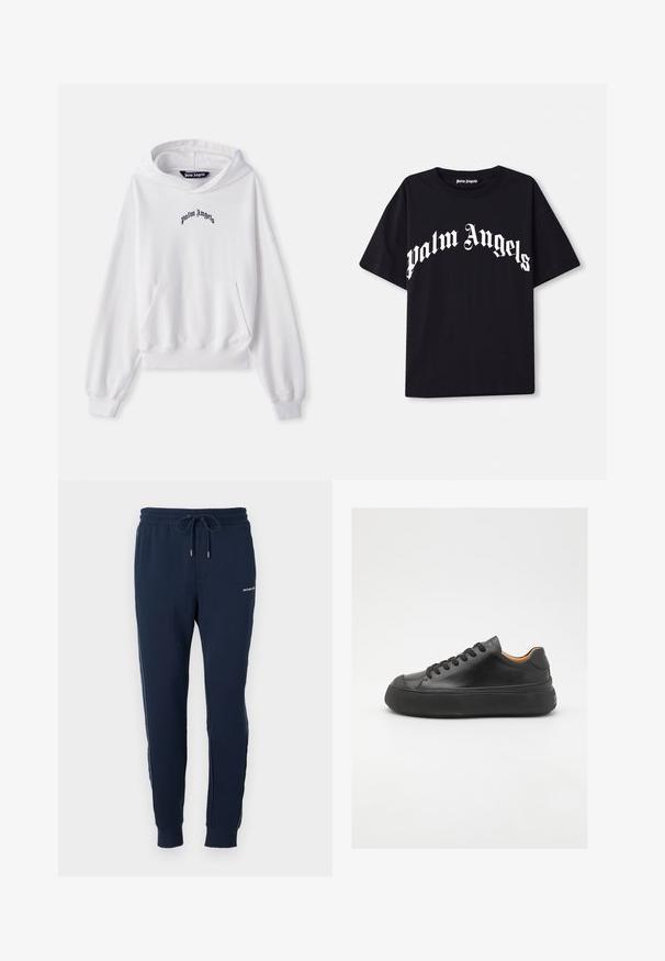 Witte hoodie van katoen met een vooraanstaande kangoeroezak, ribgebreide manchetten en onderkant. Bevat een zwart geborduurd 'Palm Angels' logo op de borst.; Zwarte katoenen t-shirt met korte mouwen en een ronde hals, voorzien van witte "palm angels" tekst in een gebogen, sierlijk lettertype over de voorkant.; Marineblauwe trainingsbroek met een elastische tailleband, trekkoord, zijstrepen en logo-detail bij de heup. Gemaakt van zacht, glad materiaal.; Zwarte leren sneaker met een ronde neus, vetersluiting aan de voorkant, een gladde textuur, dikke rubberen zool en contrasterende tan interieur.