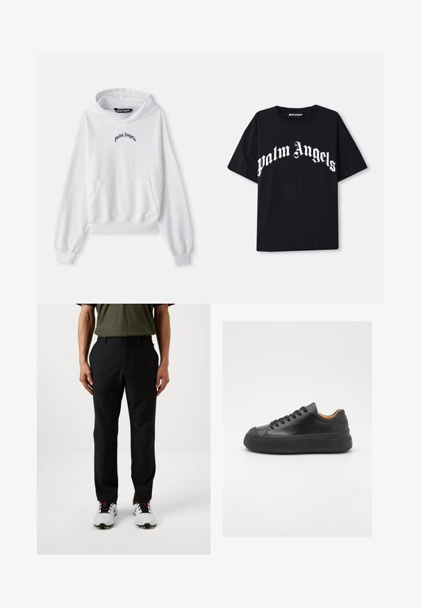 White hoodie made of cotton with a front kangaroo pocket, ribbed cuffs, and hem. Features black "Palm Angels" logo embroidered on the chest.; Black cotton t-shirt with short sleeves and a crew neckline, featuring white “palm angels” text in a curved, ornate font across the front.; Black pants with a smooth texture and regular fit, featuring a front pocket and belt loops, worn with white golf shoes.; Black leather sneaker with a round toe, lace-up front, smooth texture, thick rubber sole, and contrasting tan interior.