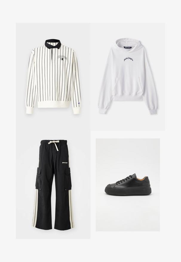 Biela mikina z bavlny s prednou kengurou vreckom, rebrovanými manžetami a lemom. Obsahuje čierne vyšívané logo "Palm Angels" na hrudi.; Biele polo tričko s dlhým rukávom a čiernymi vertikálnymi pruhmi, so pevným čiernym golierom a malým logom "Champion" na ľavej hrudi. Rukávy s manžetami.; Čierne cargo nohavice s elastickým pásom a šnúrkou, obsahujú krémové bočné pruhy, viaceré vrecká a logom na prednej strane.; Čierne kožené tenisky s okrúhlou špičkou, šnurovaním vpredu, hladkou textúrou, hrubou gumovou podrážkou a kontrastným béžovým interiérom.
