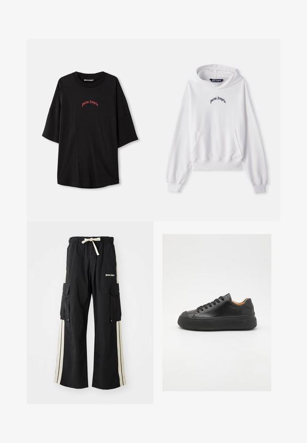 Bílá mikina s kapucí vyrobená z bavlny, s přední klokánkovou kapsou, žebrovanými manžetami a lemem. Na hrudi se vyjímá černé vyšívané logo "Palm Angels".; Černé tričko s krátkým rukávem vyrobené z bavlny. Má kulatý výstřih a červené logo "palm angels" ve klenutém designu na přední straně.; Černé cargo kalhoty s elastickým pasem a šňůrkou, obsahují krémové postranní pruhy, více kapes a detail loga na přední straně.; Černé kožené tenisky s kulatou špičkou, šněrováním v přední části, hladkým povrchem, silnou gumovou podrážkou a kontrastním tan interiérem.