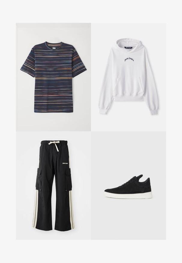 Biała bluza z kapturem wykonana z bawełny, z przednią kieszenią typu kangaroo, elastycznymi mankietami i dołem. Posiada czarne logo "Palm Angels" wyhaftowane na klatce piersiowej.; Granatowy t-shirt z krótkim rękawem z poziomymi paskami w różnych kolorach, okrągły dekolt, miękka tkanina i luźny krój.; Czarne spodnie cargo z elastycznym paskiem w talii i sznurkiem, z kremowymi paskami po bokach, wieloma kieszeniami i detalem z logo z przodu.; Czarne zamszowe sneakersy z białą gumową podeszwą, z tonalnym przeszyciem i sznurowanym zapięciem. Gładka tekstura, nowoczesny, smukły kształt.
