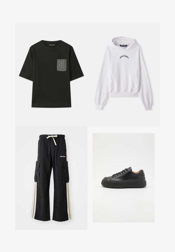 Sudadera blanca de algodón con un bolsillo canguro frontal, puños acanalados y dobladillo. Presenta un logotipo bordado en negro de "Palm Angels" en el pecho.; Camiseta de algodón negra con cuello redondo y mangas cortas. Presenta un bolsillo decorado en el lado izquierdo con diseños geométricos blancos.; Pantalones cargo negros con cinturilla elástica y cordón, presentan franjas laterales color crema, múltiples bolsillos y detalle de logo en la parte delantera.; Zapatilla de cuero negra con puntera redonda, cordones en la parte frontal, textura suave, suela de goma gruesa y un interior marrón claro que contrasta.