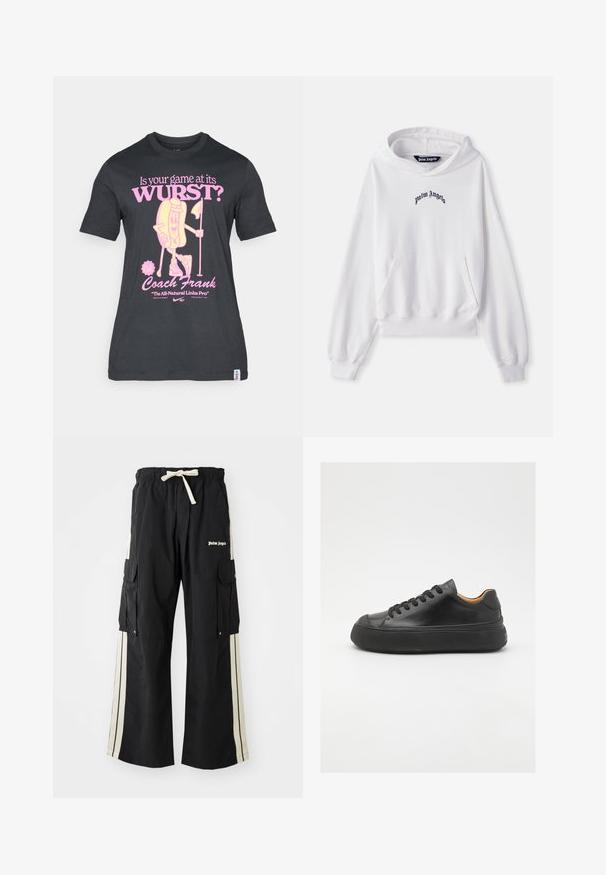 Sudadera blanca de algodón con un bolsillo canguro frontal, puños acanalados y dobladillo. Presenta un logotipo bordado en negro de "Palm Angels" en el pecho.; Camiseta de algodón negra con un gráfico divertido de un personaje de perrito caliente en rosa, acompañado de un texto sobre golf y el entrenador Frank. Manga corta y cuello redondo.; Pantalones cargo negros con cinturilla elástica y cordón, presentan franjas laterales color crema, múltiples bolsillos y detalle de logo en la parte delantera.; Zapatilla de cuero negra con puntera redonda, cordones en la parte frontal, textura suave, suela de goma gruesa y un interior marrón claro que contrasta.