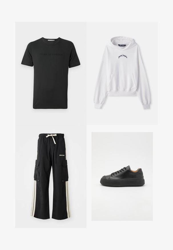 Bílá mikina s kapucí vyrobená z bavlny, s přední klokánkovou kapsou, žebrovanými manžetami a lemem. Na hrudi se vyjímá černé vyšívané logo "Palm Angels".; Černé bavlněné tričko s krátkými rukávy, na přední straně s tónovým vyraženým logem "TIGER OF SWEDEN". Klasický kulatý výstřih.; Černé cargo kalhoty s elastickým pasem a šňůrkou, obsahují krémové postranní pruhy, více kapes a detail loga na přední straně.; Černé kožené tenisky s kulatou špičkou, šněrováním v přední části, hladkým povrchem, silnou gumovou podrážkou a kontrastním tan interiérem.
