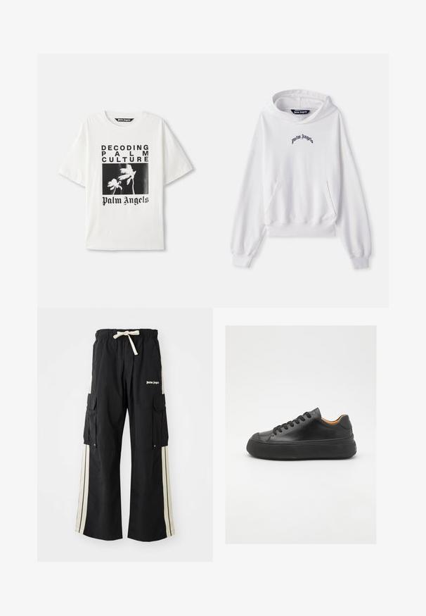 White hoodie made of cotton with a front kangaroo pocket, ribbed cuffs, and hem. Features black "Palm Angels" logo embroidered on the chest.; White cotton t-shirt featuring a black graphic print with palm trees, "DECODING PALM CULTURE," and "Palm Angels" in bold lettering.; Black cargo pants with elastic waistband and drawstring, features cream side stripes, multiple pockets, and logo detail on the front.; Black leather sneaker with a round toe, lace-up front, smooth texture, thick rubber sole, and contrasting tan interior.
