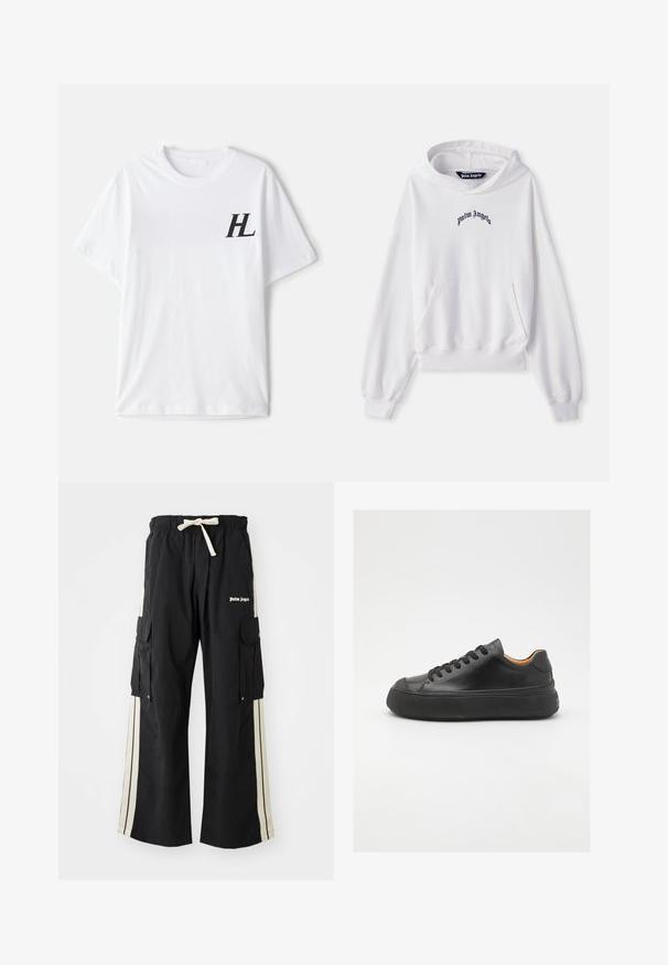 Weißer Hoodie aus Baumwolle mit einer frontalen Kängurutasche, gerippten Bündchen und Saum. Verfügt über das schwarze, auf der Brust gestickte "Palm Angels"-Logo.; Weißes Baumwoll-T-Shirt mit Rundhalsausschnitt, kurzen Ärmeln und einem schwarzen "HL"-Logo auf der linken Brustseite. Weicher Stoff, entspannte Passform.; Schwarze Cargo-Hosen mit elastischem Bund und Kordelzug, ausgestattet mit cremefarbenen Seitenelementen, mehreren Taschen und einem Logodetail auf der Vorderseite.; Schwarze Ledersneaker mit runder Zehenpartie, schnürbarem Vorderteil, glatter Oberfläche, dickem Gummisohle und kontrastierendem, braunem Innenraum.