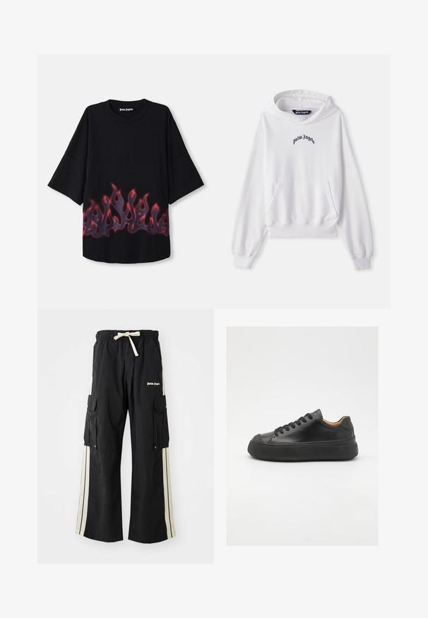 Bela kapuca iz bombaža s sprednjim žepom v obliki kenguruja, ribastimi manšeti in robom. Ima črn izvezen logo "Palm Angels" na prsih.; Črna majica s kratkimi rokavi iz bombaža, z rdečim in modrim ognjenim vzorcem ob spodnjem robu; krožni ovratnik.; Črne cargo hlače z elastičnim pasom in vrvico, imajo smetanove stranske črte, več žepov in podrobnost z logotipom spredaj.; Črne usnjene superge z okroglo konico, vezalnim sprednjim delom, gladko teksturo, debelim gumijastim podplatom in kontrastno rjavim notranjim delom.