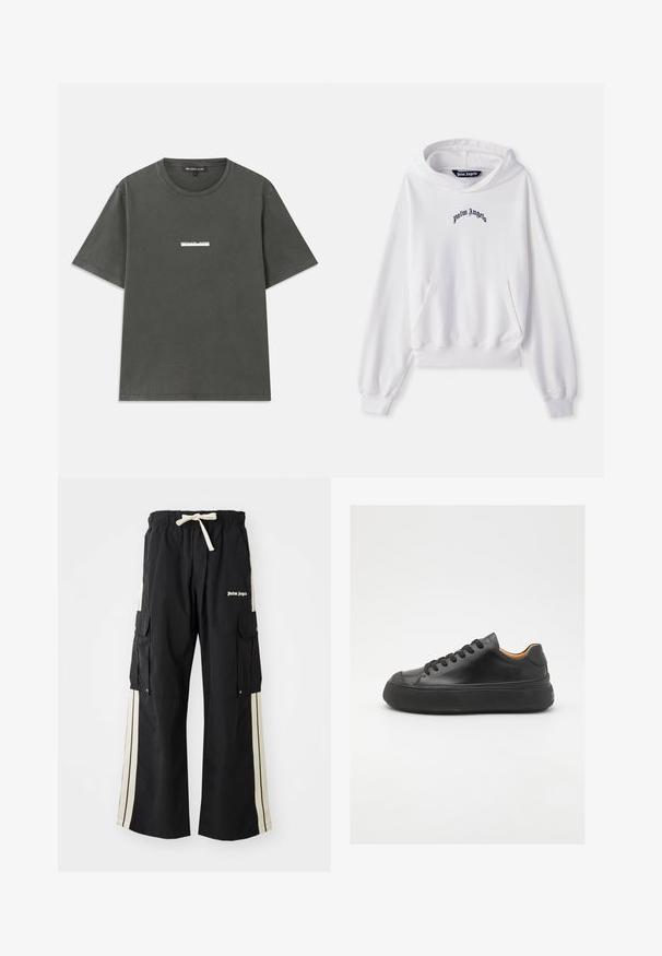Valkoinen huppari, joka on valmistettu puuvillasta ja jossa on etupuolella kengurutasku, ribbireunat hihansuissa ja helmassa. Edessä on musta "Palm Angels" -logo brodeerattuna rintaan.; Harmaa puuvillainen t-paita, jossa on lyhyet hihat, pyöreä pääntie ja valkoinen logo painettuna rintaan. Sujuva tekstuuri ja rento muotoilu.; Mustat cargo-housut, joissa on joustava vyötärö ja nauha, sisältää kermaiset sivunauhat, useita taskuja ja logotietoja edessä.; Mustat nahkasneakerit, joissa on pyöreä kärki, nauhakiinnitys edessä, sileä pinta, paksu kumipohja ja kontrastoiva vaaleanruskea sisustus.