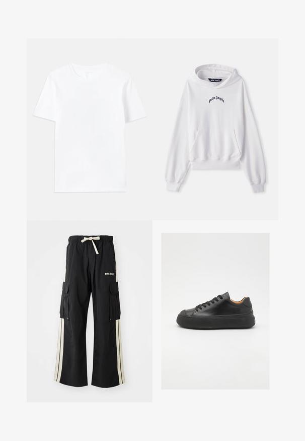 Bílá mikina s kapucí vyrobená z bavlny, s přední klokánkovou kapsou, žebrovanými manžetami a lemem. Na hrudi se vyjímá černé vyšívané logo "Palm Angels".; Bílý bavlněný tričko s klasickým kulatým výstřihem a krátkými rukávy, s hladkou texturou a standardním střihovým designem.; Černé cargo kalhoty s elastickým pasem a šňůrkou, obsahují krémové postranní pruhy, více kapes a detail loga na přední straně.; Černé kožené tenisky s kulatou špičkou, šněrováním v přední části, hladkým povrchem, silnou gumovou podrážkou a kontrastním tan interiérem.