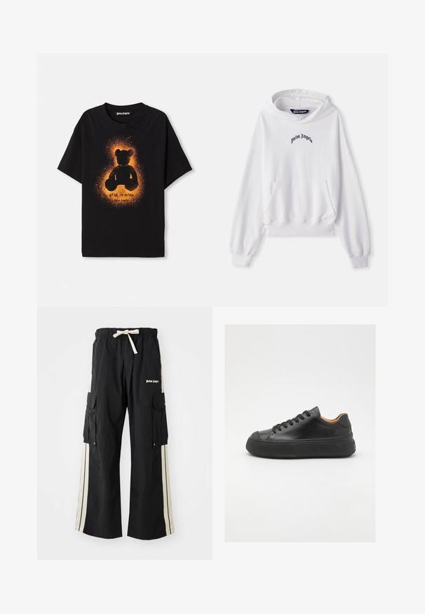 Valge puuvillane kapuutsiga dressipluus ees oleva kängurupocketiga, soonikkoes varrukate ja äärtega. Rinnal on must "Palm Angels" logo tikandina.; Must mustaari t-särk, millel on oranž karu siluett koos tekstuuriga halo efektiga. Ees on tekst "BEAR IN MIND."; Mustad mustar püksid elastse vöökoha ja nööriga, kreemivärvi külgedel, mitme taskuga ning logo detailiga ees.; Mustmust mustarist king kätšiga, ümar varvas, nöörimisega esiosa, sile tekstuur, paks kummist tall ja kontrastne pruun sisemus.