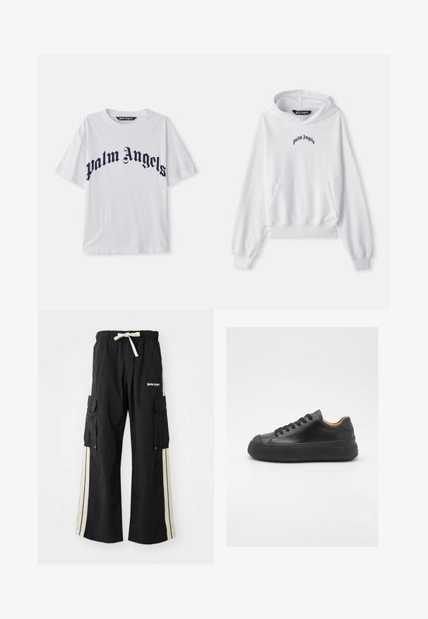 Baltas medvilninis džemperis su kišene priekyje, raštuotais rankogaliais ir apačia. Savybė - juodas išsiuvinėtas "Palm Angels" logotipas ant krūtinės.; Baltas medvilninis marškinėliai su ryškiu tamsiai mėlynu "Palm Angels" tekstu, sukuriančiu kreivę. Trumpi rankovės ir apvalus iškirpimas. Lygus tekstūras.; Juodos krovinių kelnės su elastinga juosmens juosta ir raišteliu, turinčios kremines šonines juosteles, kelis kišenes ir logotipo detalę priekyje.; Juodos odinės sportinės bateliai su apvaliu pirštu, raištelių užsegimu, lygiu paviršiumi, storu guminio pado ir kontrastinga tan spalvos vidine puse.