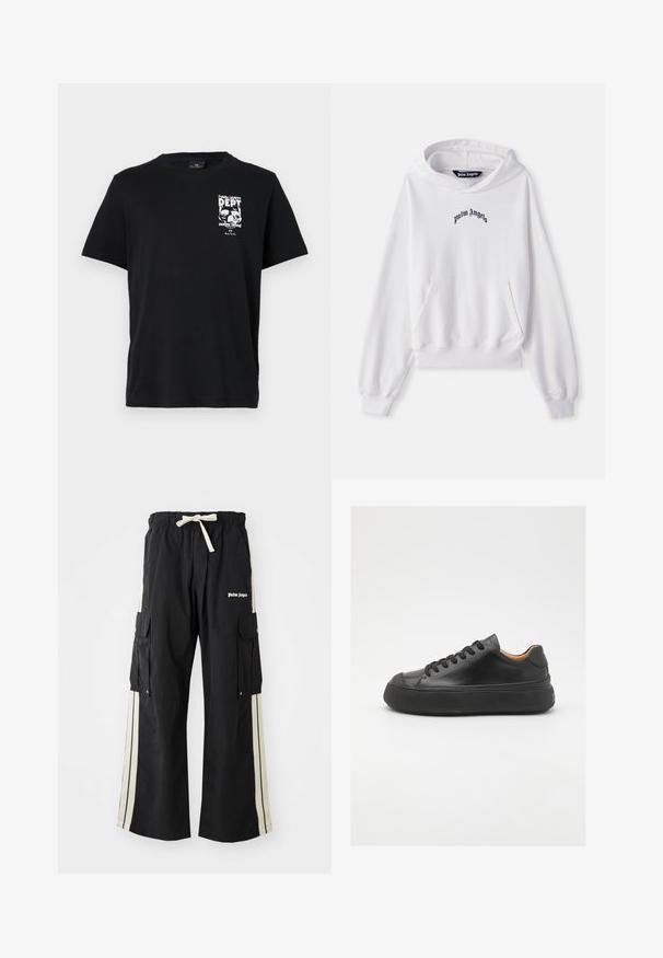 Sweatshirt branca feita de algodão, com um bolso tipo canguru na frente, punhos e barra canelados. Apresenta o logótipo preto "Palm Angels" bordado no peito.; T-shirt de algodão preto com mangas curtas, apresentando uma estampa gráfica branca com texto e caveiras no lado esquerdo do peito. Design clássico de gola redonda.; Calças cargo pretas com cintura elástica e cordão, apresentam riscas laterais creme, vários bolsos e detalhe de logótipo à frente.; Sapatilha de couro preta com bico redondo, frente com atacadores, superfície lisa, sola de borracha grossa e interior em tom contrastante de castanho.
