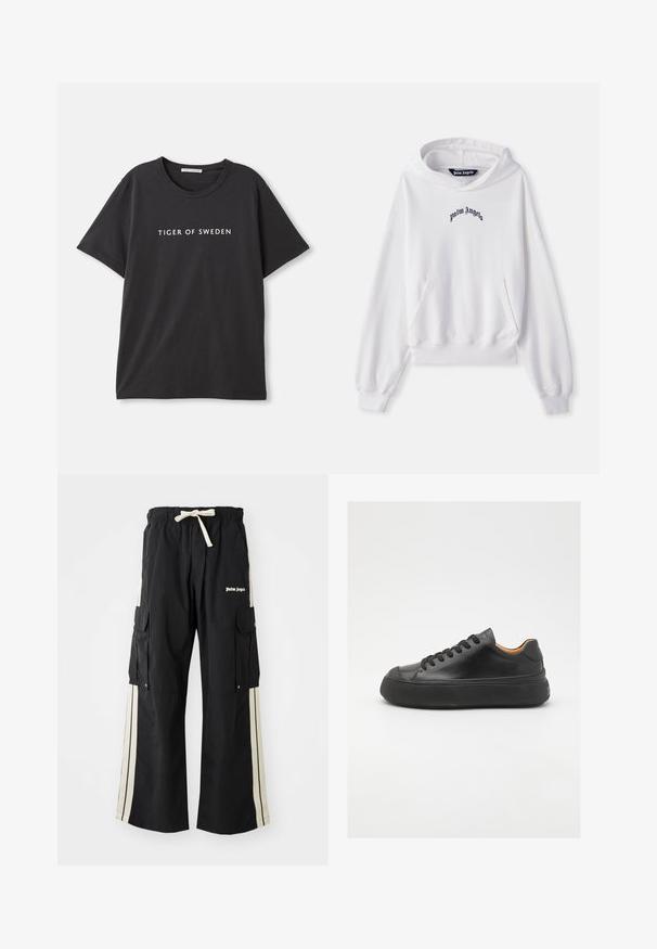 Valkoinen huppari, joka on valmistettu puuvillasta ja jossa on etupuolella kengurutasku, ribbireunat hihansuissa ja helmassa. Edessä on musta "Palm Angels" -logo brodeerattuna rintaan.; Mustat puuvillateepaidat, joissa on lyhyet hihat ja pyöreä kaula-aukko. Edessä valkoisella printattu teksti "TIGER OF SWEDEN".; Mustat cargo-housut, joissa on joustava vyötärö ja nauha, sisältää kermaiset sivunauhat, useita taskuja ja logotietoja edessä.; Mustat nahkasneakerit, joissa on pyöreä kärki, nauhakiinnitys edessä, sileä pinta, paksu kumipohja ja kontrastoiva vaaleanruskea sisustus.