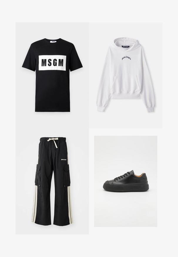 Balta kapuci džemperis, izgatavots no kokvilnas, ar priekšējo kangaroo kabatu, ribotiem piedurkņu galiem un apakšmalu. Uz krūtīm ir melns izsistais "Palm Angels" logo.; Melnas kokvilnas T-krekls ar īsām piedurknēm, ar baltu taisnstūra logo, kurā uzrakstīts "MSGM" treknrakstā melnās burtiem uz priekšpuses.; Melni kravas bikses ar elastīgu jostasvītru un auklu, ar krēmkrāsas sānu svītrām, vairākām kabatām un logotipa detaļu priekšpusē.; Melna ādas sporta kurpe ar apaļu purngalu, ar auklēm priekšā, gluda tekstūra, bieza gumijas zole un kontrastējošs brūns iekšpuses materiāls.