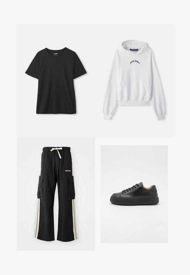 Valkoinen huppari, joka on valmistettu puuvillasta ja jossa on etupuolella kengurutasku, ribbireunat hihansuissa ja helmassa. Edessä on musta "Palm Angels" -logo brodeerattuna rintaan.; Musta lyhythihainen pyöreäkauluksinen T-paita, joka roikkuu yksinkertaista valkoista taustaa vasten, etiketti näkyvissä kauluksessa.; Mustat cargo-housut, joissa on joustava vyötärö ja nauha, sisältää kermaiset sivunauhat, useita taskuja ja logotietoja edessä.; Mustat nahkasneakerit, joissa on pyöreä kärki, nauhakiinnitys edessä, sileä pinta, paksu kumipohja ja kontrastoiva vaaleanruskea sisustus.