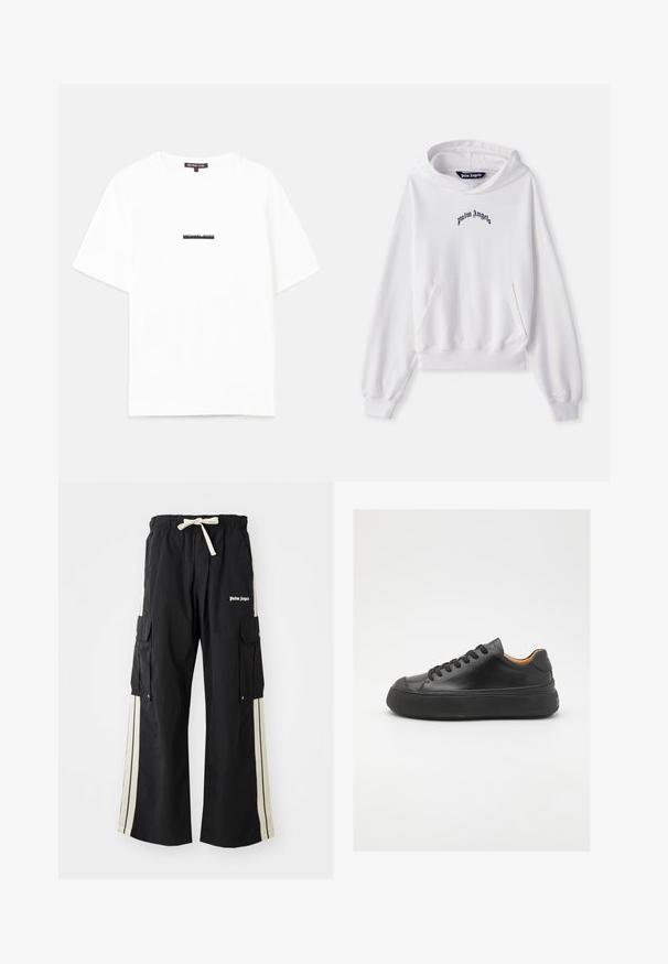 Sudadera blanca de algodón con un bolsillo canguro frontal, puños acanalados y dobladillo. Presenta un logotipo bordado en negro de "Palm Angels" en el pecho.; Camiseta blanca de algodón con un corte relajado, que presenta mangas cortas y un logo negro de "MICHAEL KORS" impreso en el centro.; Pantalones cargo negros con cinturilla elástica y cordón, presentan franjas laterales color crema, múltiples bolsillos y detalle de logo en la parte delantera.; Zapatilla de cuero negra con puntera redonda, cordones en la parte frontal, textura suave, suela de goma gruesa y un interior marrón claro que contrasta.