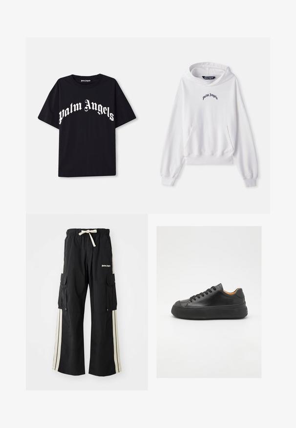 Balta kapuci džemperis, izgatavots no kokvilnas, ar priekšējo kangaroo kabatu, ribotiem piedurkņu galiem un apakšmalu. Uz krūtīm ir melns izsistais "Palm Angels" logo.; Melnas kokvilnas T-krekls ar īsām piedurknēm un apaļo kakla izgriezumu, ar baltu tekstu "palm angels" izliektā, greznā fontā uz priekšpuses.; Melni kravas bikses ar elastīgu jostasvītru un auklu, ar krēmkrāsas sānu svītrām, vairākām kabatām un logotipa detaļu priekšpusē.; Melna ādas sporta kurpe ar apaļu purngalu, ar auklēm priekšā, gluda tekstūra, bieza gumijas zole un kontrastējošs brūns iekšpuses materiāls.