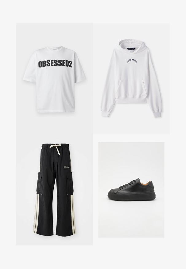Hvid hættetrøje lavet af bomuld med en frontlomme i kengurustil, ribbede manchetter og kant. Har et sort "Palm Angels" logo broderet på brystet.; Hvid bomulds t-shirt med en fed, sort, buet "OBSESSED2" grafik på forsiden. Korte ærmer og en afslappet pasform.; Sorte cargo bukser med elastisk talje og snoretræk, har cremefarvede sidelommer, flere lommer og logo detalje foran.; Sort lædersneaker med rund tå, snørebånd foran, glat overflade, tyk gummisål og kontrasterende tan inderside.