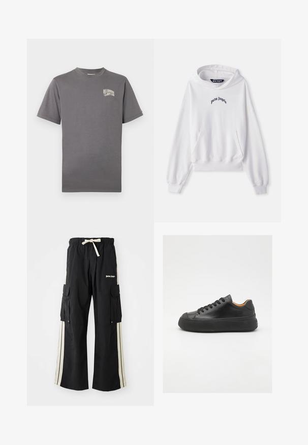 Sweatshirt branca feita de algodão, com um bolso tipo canguru na frente, punhos e barra canelados. Apresenta o logótipo preto "Palm Angels" bordado no peito.; T-shirt de algodão cinza com mangas curtas, apresentando um pequeno logotipo em bege na área do peito esquerdo. Decote redondo, corte descontraído.; Calças cargo pretas com cintura elástica e cordão, apresentam riscas laterais creme, vários bolsos e detalhe de logótipo à frente.; Sapatilha de couro preta com bico redondo, frente com atacadores, superfície lisa, sola de borracha grossa e interior em tom contrastante de castanho.