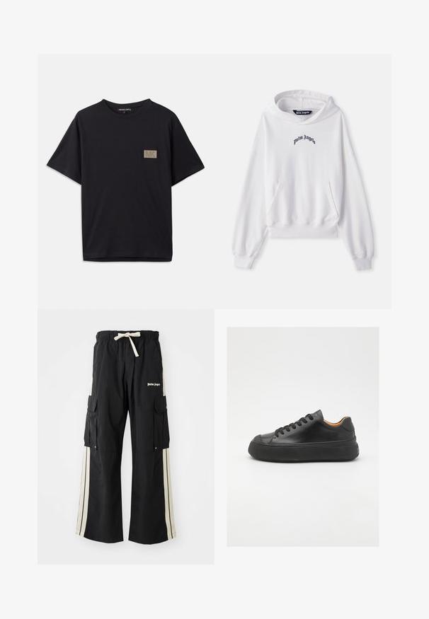 Sudadera blanca de algodón con un bolsillo canguro frontal, puños acanalados y dobladillo. Presenta un logotipo bordado en negro de "Palm Angels" en el pecho.; Camiseta de algodón negra con mangas cortas, que presenta un pequeño parche rectangular texturizado en dorado con el logo "MK" en el área del pecho izquierdo.; Pantalones cargo negros con cinturilla elástica y cordón, presentan franjas laterales color crema, múltiples bolsillos y detalle de logo en la parte delantera.; Zapatilla de cuero negra con puntera redonda, cordones en la parte frontal, textura suave, suela de goma gruesa y un interior marrón claro que contrasta.
