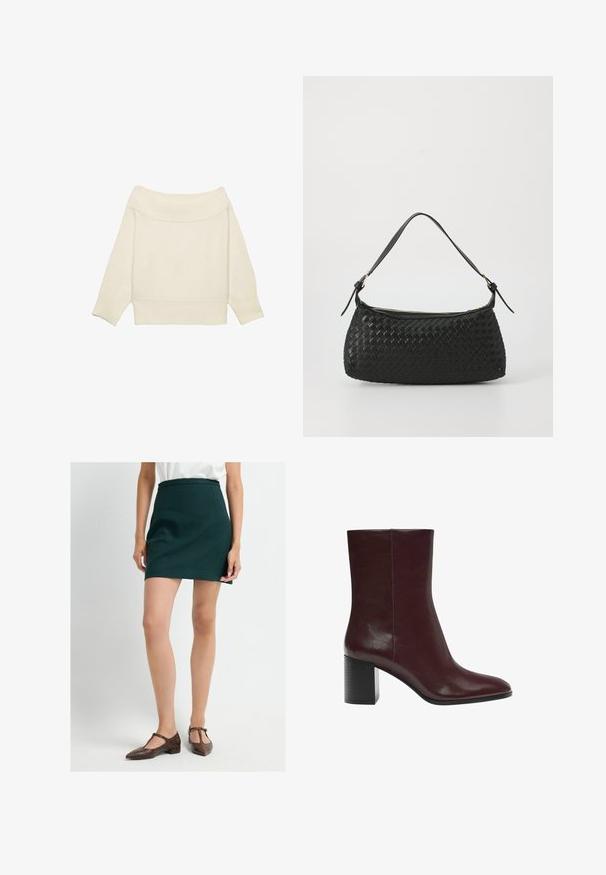 Kermanne hihaton neulepaita, jossa on ribattua kaula-aukkoa, kolme neljännespituista hihaa ja lyhyt leikkaus. Pehmeä rakenne, minimaalinen muotoilu.; Vihreä istuva mini-hame, jossa on sileä pinta ja jämäkkä vyötärönauha, yhdistettynä ruskeisiin T-nauhashoisiin, joissa on käärmeennahka-pattern.; Burgundin väriset nilkkurit, jotka on valmistettu sileästä nahasta. Niissä on terävä kärki ja jykevä, teksturoitu musta korko. Minimalistinen muotoilu puhtailla linjoilla.; Mustan kudotun olkalaukun, jossa on sileä nahkahihna ja vetoketjukiinnitys. Mahdollistaa teksturoituneen pinnan ja kaarevan muodon.