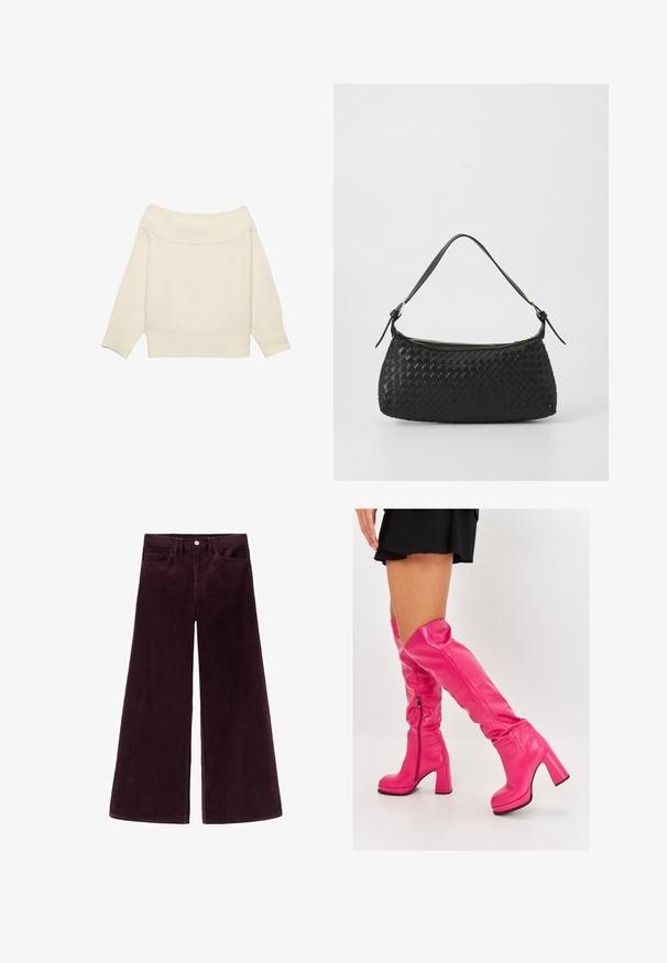 Pulover crem cu umerii descoperiți, cu guler ribbat, mâneci trei sferturi și croi scurt. Textură moale, design minimal.; Pantaloni din catifea cu picioare largi, de culoare burgundă închisă, având un talie înaltă, închidere cu nasture și un design clasic cu cinci buzunare, cu textură ribbed.; Cizme roz peste genunchi din piele netedă, cu toc gros înalt și fermoar pe lateral, având un vârf pliat pentru un detaliu de design suplimentar.; Geantă de umăr împletită, de culoare neagră, cu o curea din piele netedă și închidere cu fermoar. Are o suprafață texturată și o formă curbată.