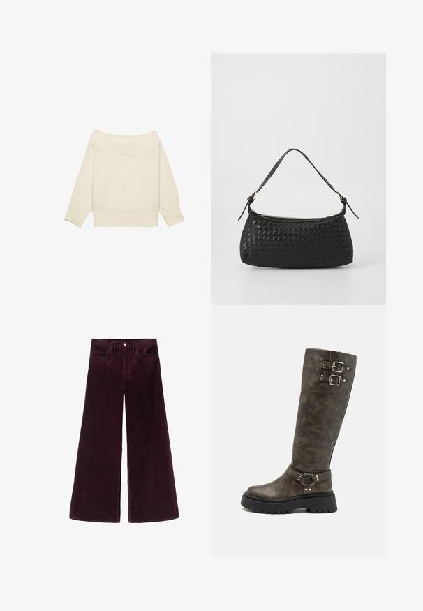 Krea tröja med off-the-shoulder stil i krämfärg, ribbat halsfoder, ärmar som slutar vid tre fjärdedelar av armarna och en kortare passform. Mjuk textur, minimalistisk design.; Vida vida byxor i djupburgundy med vida ben, hög midja, knappstängning och klassisk femficksdesign med ribbad textur.; RAID DERRY - Högklackad stövel - grey; Svart vävd axelväska med ett slätt läderhandtag och dragkedjestängning. Har en strukturerad yta och en böjd form.