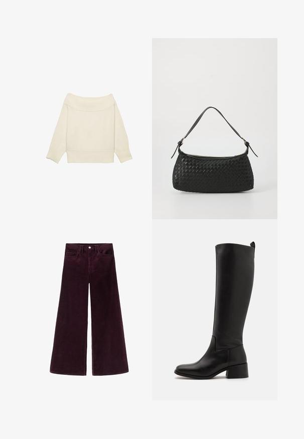 Kremni pulover s spuštenimi rameni, rebrastim ovratnikom, rokavi do tri četrtine in skrajšano prileganje. Mehak material, minimalističen dizajn.; Hlače iz korduretnega materiala širokega kroja v temno burgundski barvi, z visokim pasom, z gumbom za zapiranje in klasičnim pet-pocket dizajnom z ribastim teksturo.; Črne škornje do kolen, izdelane iz gladkega usnja, s kockastim petnikom, zaobljenim nosom in elegantnim, neopremljenim dizajnom.; Črna tkana torba za ramo s gladkim usnjenim trakom in zadrgo. Ima teksturirano površino in ukrivljeno obliko.