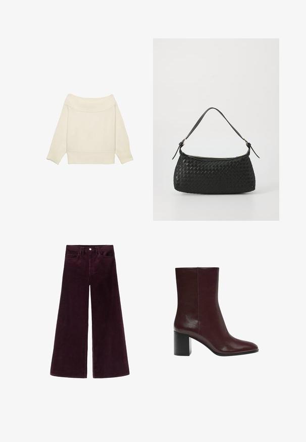 Off-the-shoulder cream sweater with a ribbed neckline, three-quarter length sleeves, and a cropped fit. Soft texture, minimal design.; Wide-leg corduroy pants in deep burgundy, featuring a high waistband, button closure, and classic five-pocket design with ribbed texture.; Burgundy ankle boots made of smooth leather, featuring a pointed toe and a chunky, textured black heel. Minimalist design with clean lines.; Black woven shoulder bag with a smooth leather strap and zipper closure. Features a textured surface and curved shape.