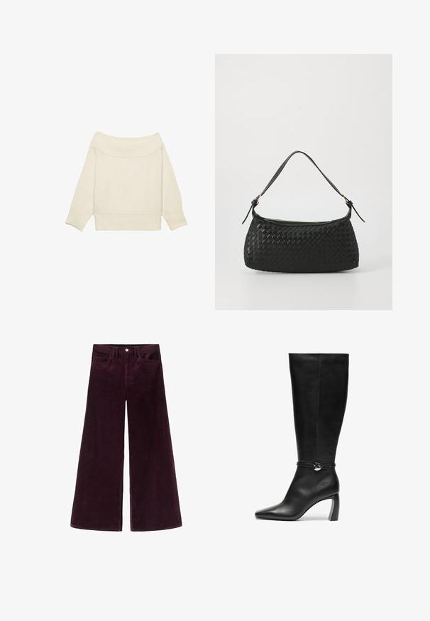 Cremfarbener Off-Shoulder-Pullover mit geripptem Halsausschnitt, Dreiviertelärmeln und cropped Passform. Sanfte Textur, minimalistisches Design.; Weite Cordhosen in tiefem Burgund, mit hohem Bund, Knopfverschluss und klassischem Fünf-Taschen-Design sowie gerippter Textur.; Schwarze Lederkniehohe Stiefel mit spitzem Zeh und breitem Absatz. Sie verfügen über einen Riemen mit einem runden Akzentdetail am Knöchel.; Schwarze geflochtene Schultertasche mit einem glatten Ledertragegurt und Reißverschluss. Verfügt über eine strukturierte Oberfläche und eine gebogene Form.