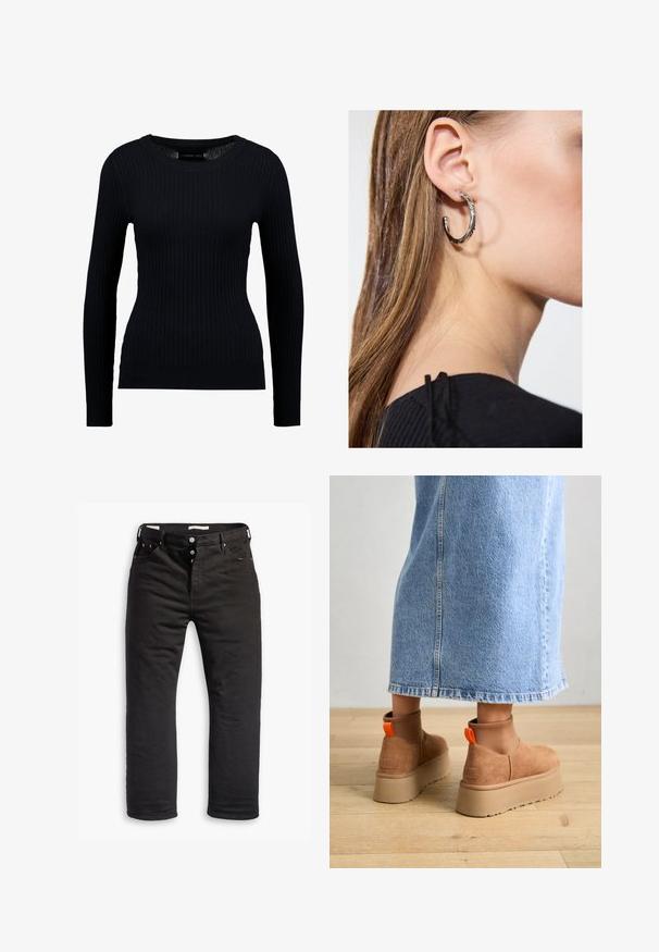 Melnas ribētas garajām piedurknēm džemperis ar apaļu apkakli un pieguļošu siluetu. Audums ir gluds ar vieglu stiepes efektu visā virsmā.; Melnas džinsus ar taisnu kāju dizainu, ar pogu aizdari, piecām kabatām un smalkajiem dūrienu apdari. Gluda tekstūra.; Brūni zamšādas platforma zābaki ar elastīgiem sānu paneļiem un oranžām cilpām, apvienoti ar līdz ceļgaliem garu gaišā denima svārku uz koka grīdas.; Sudraba auskars ar pulētu apdari, ar maziem zelta akcentiem un apaļu formu, uz ausu ļipiņas.