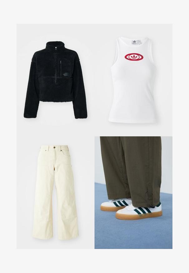 Μαύρο φλις ζακέτα με ψηλό γιακά, μισό φερμουάρ μπροστά και τσέπη στο στήθος. Υφαντό ύφασμα και κεντημένο λογότυπο στην τσέπη.; Λευκή ραβδωτή tank top με κόκκινο οβάλ λογότυπο που απεικονίζει τρία στυλιζαρισμένα φύλλα στο κέντρο, κατασκευασμένη από βαμβακερό υλικό.; Μπεζ παντελόνι με φαρδιά πόδια, φτιαγμένο από βαμβάκι, με ψηλή μέση, μεγάλα μπροστινά τσέπες και λείο υφάνισμα με ελάχιστες ραφές.; Λευκά αθλητικά παπούτσια με πράσινες ρίγες, σόλες από καουτσούκ, σε συνδυασμό με ελαιόχρωμο παντελόνι που στενεύει προς το κάτω μέρος και διαθέτει κορδόνια στον αστράγαλο.