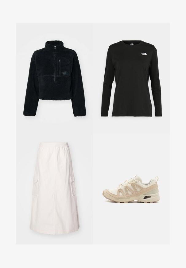 Camisola pullover de fleece preta com gola alta, fecho de meio zip e bolso no peito. Tecido texturizado e logótipo bordado no bolso.; T-shirt preto de mangas longas, feito de algodão, com decote redondo. Apresenta um pequeno logótipo branco na área esquerda do peito. Design simples e ajuste confortável.; Saia bege clara, até ao joelho, com um cós elástico. Apresenta dois bolsos laterais de carga e um corte reto com uma textura suave.; Sapatilha atlética beige e creme com parte superior em malha texturizada, sobreposições de suporte e sola de borracha com um padrão de cravo para tração.