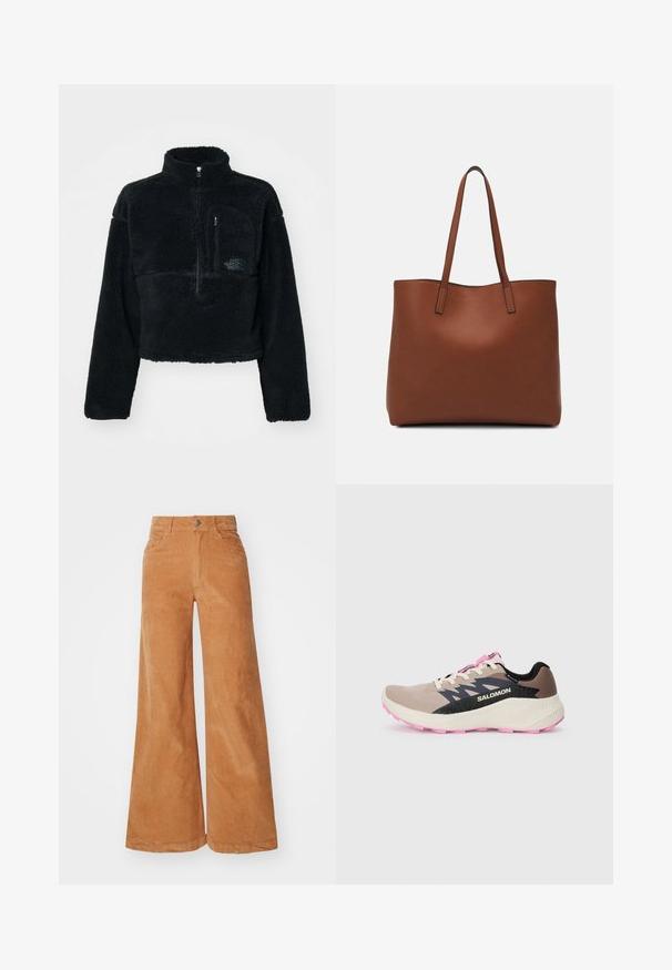 Črn flis pulover z visokim ovratnikom, polovičnim zadrgo spredaj in žepom na prsih. Teksturovan material in vezen logotip na žepu.; Ženske široke hlače iz korduroja v topli rjavi barvi, ki imajo visok pas, gumbasto zapiranje in dva sprednja žepa. Gladko teksturo in vidne šive.; Bež in roza tekaški čevlji Salomon z črnim logotipom in oblikovnimi poudarki, kremasta srednja podloga in roza podplat, prikazani s strani na enotni ozadju.; Rjava usnjena torba z gladko teksturo, odprto zasnovo zgoraj in dvema naramnima trakovoma. Opremljena je z minimalnim šivanjem in brez vidnih kovinskih delov.