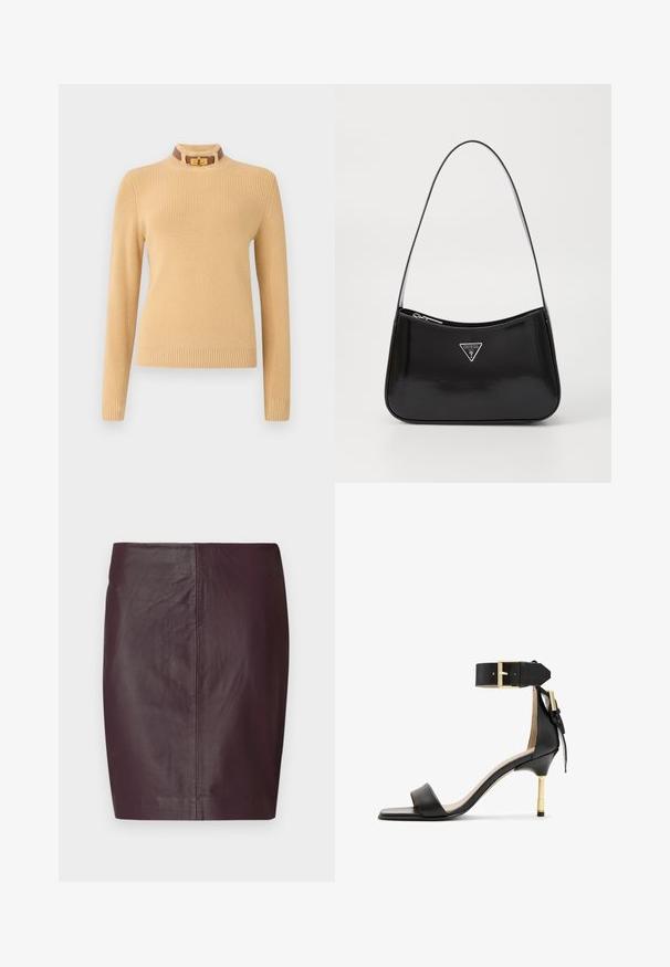 Könnyű bézs színű kötött pulóver hosszú ujjakkal és bordázott textúrával. Magas nyakkal rendelkezik, barna akcentussal és arany csattal.; Sötét bordó bőr szoknya sima textúrával, testhezálló fazonban és egyenes sziluettel. Minimális varrásokkal és látható fémalkatrészek nélkül.; Fekete bőr sarkú szandál négyzet alakú orral, boka pánttal, arany csattal, és vékony fém sarkal. Simább textúra, minimalista dizájn.; Fekete lakkbőr válltáska ívelt formával, ezüst háromszög logóval és cipzáros záródással. Simaság jellemzi és vékony pántja van.